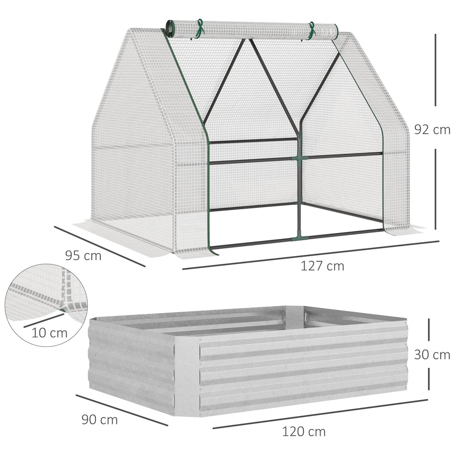 Outsunny Estufa de Jardim Pequeno Tipo Casa com Caixa de Plantio de Aço Interior Janela Enrolável e Cobertura de PE 40g/m² para Cultivos de Plantas Flores 127x95x92cm Branco