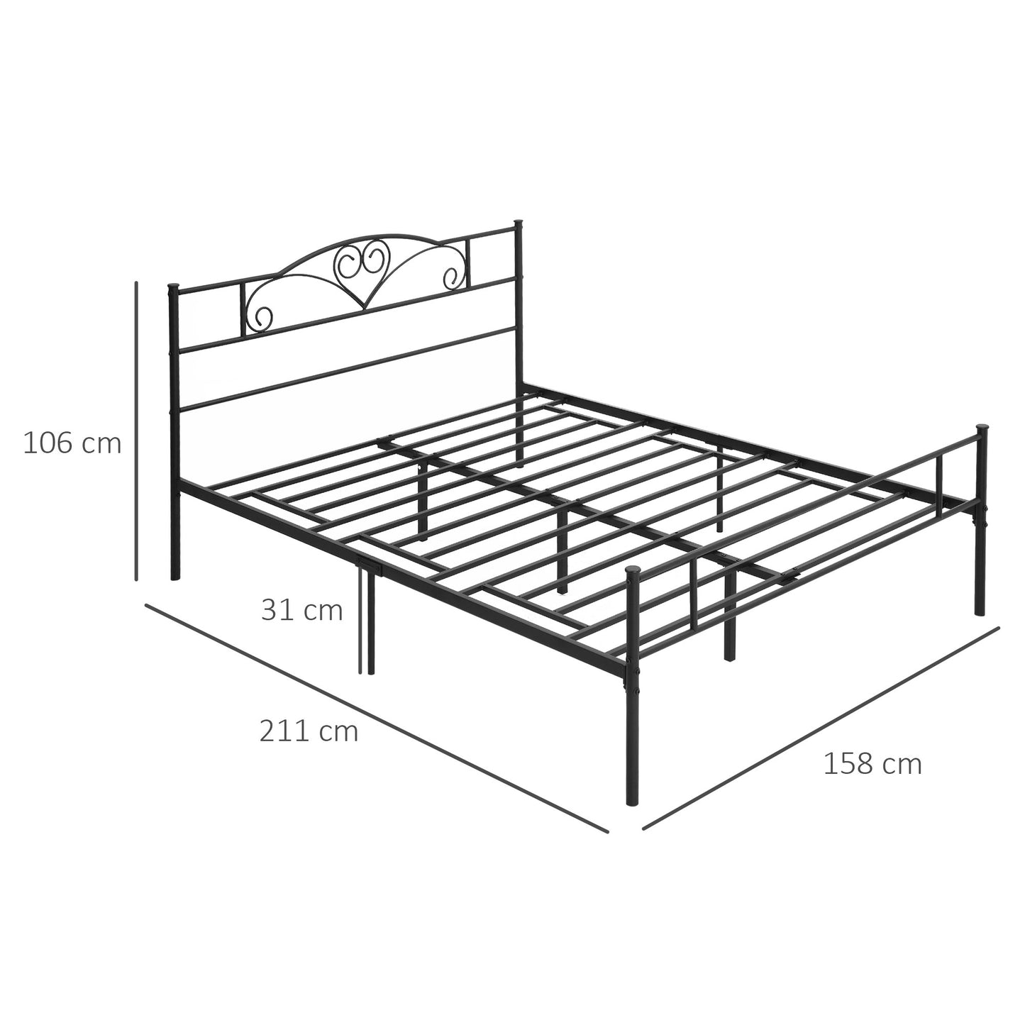 HOMCOM Estrutura de Cama Dupla de Metal para Colchão 150x200cm com Cabeceira e Pés de 31cm Estrutura de Cama de Casa com Espaço em Baixo de Armazenamento 158x211x106cm Preto