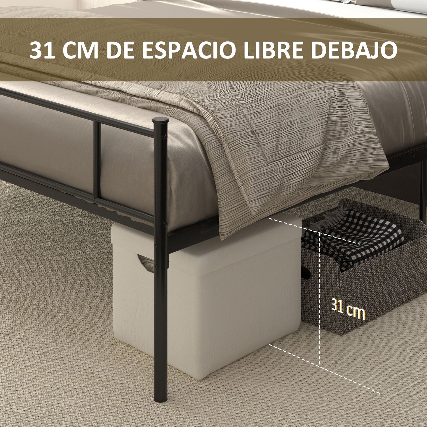 HOMCOM Estrutura de Cama Dupla de Metal para Colchão 150x200cm com Cabeceira e Pés de 31cm Estrutura de Cama de Casa com Espaço em Baixo de Armazenamento 158x211x106cm Preto