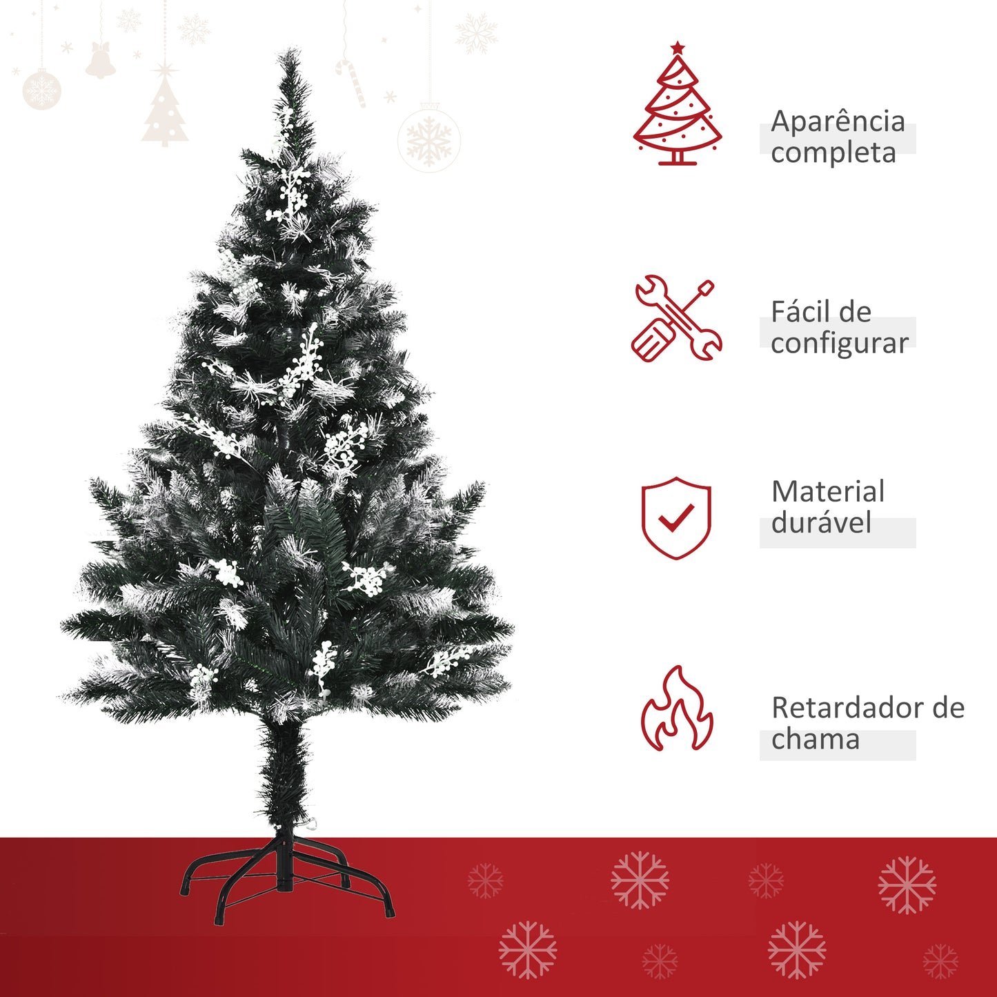 HOMCOM Árvore de Natal 120 cm Árvore de Natal Automática com 222 Ramos 28 Decorações Suporte em Aço Base Dobrável e Removível para Sala Verde