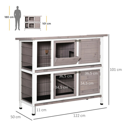 PawHut Coelheira de Madeira Exterior de 2 Níveis Gaiola para 1-2 Coelhos com Telhado com Abertura Comedouro Bandejas Removíveis Rampa e Portas com Fechadura 122x50x101cm Cor Areia