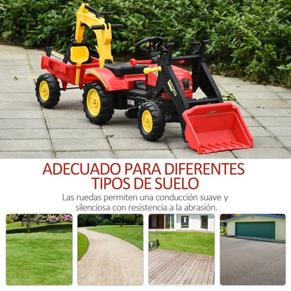 HOMCOM Trator de pedais com reboque escavadeira com pá frontal de brinquedo de condução para crianças acima de 3 anos Direção e pás de fácil controle Suporta até 35 kg 179x42x59 cm Vermelho