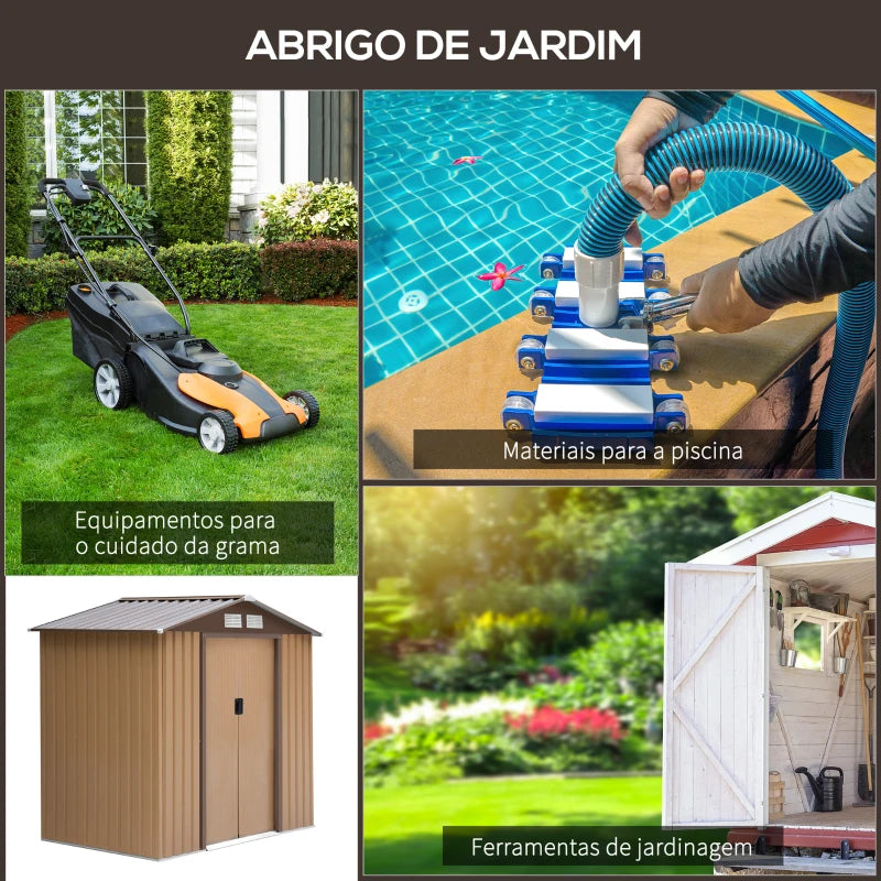 Abrigo de Jardim 213x130x185cm Abrigo de Jardim Metálico de Exterior para Armazenamento de Ferramentas com 2 Portas Deslizantes e 4 Janelas para Terraço Marrom Claro