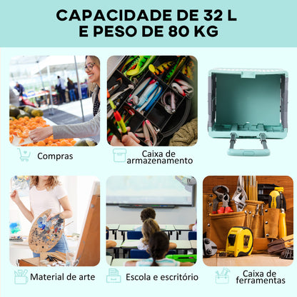 HOMCOM Carrinho de Armazenamento Dobrável Carrinho de Compras com 2 Rodas Comprimento de Pega Ajustável Capacidade 32L para Escritório Escola Casa 41,5x32,5x85 cm Verde