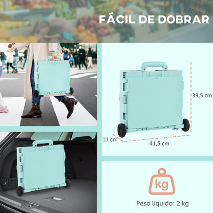 HOMCOM Carrinho de Armazenamento Dobrável Carrinho de Compras com 2 Rodas Comprimento de Pega Ajustável Capacidade 32L para Escritório Escola Casa 41,5x32,5x85 cm Verde