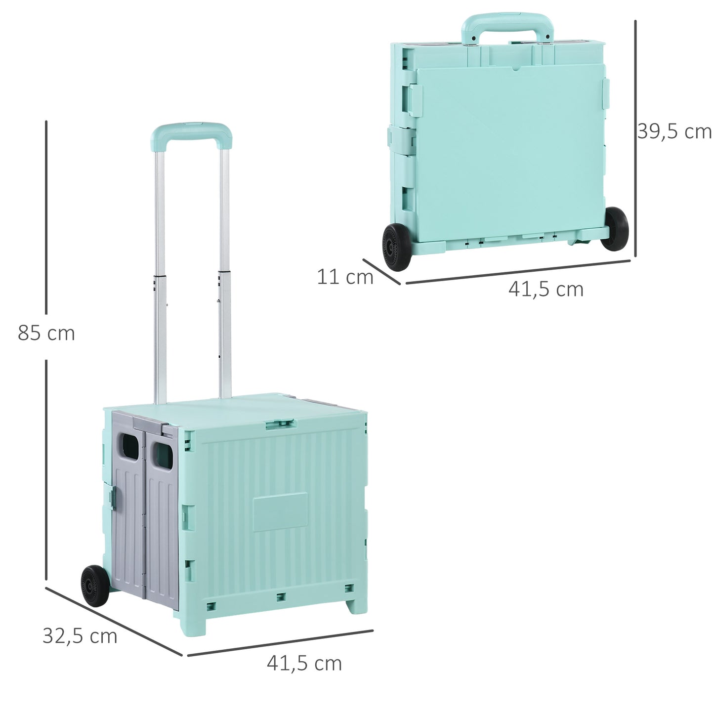 HOMCOM Carrinho de Armazenamento Dobrável Carrinho de Compras com 2 Rodas Comprimento de Pega Ajustável Capacidade 32L para Escritório Escola Casa 41,5x32,5x85 cm Verde