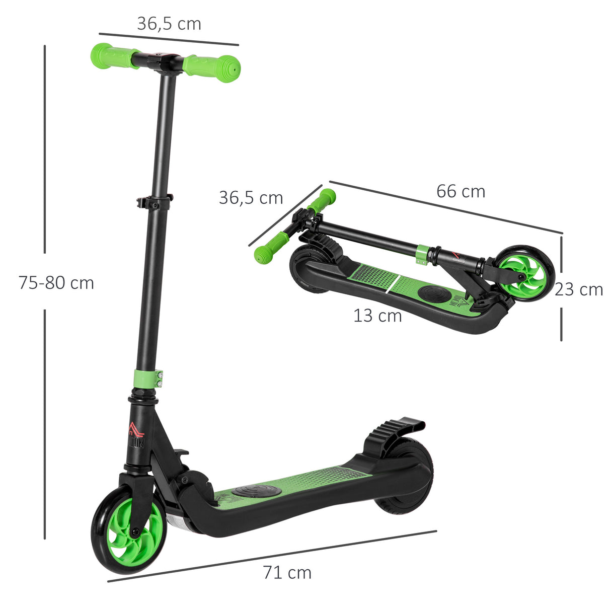 HOMCOM Trotinete Elétrica para Crianças acima de 6 Anos Trotinete Elétrica Dobrável com Altura Ajustável Bateria 24V Velocidade Máxima 8km/h Carga Máxima 50kg 71x36,5x75-80cm Verde