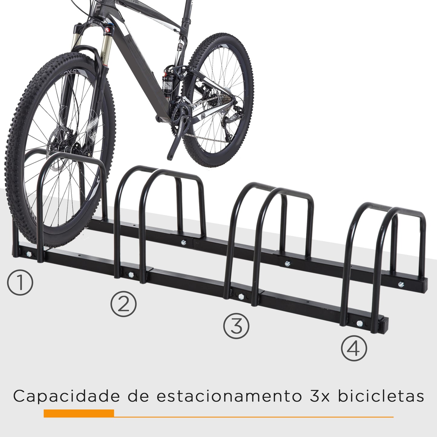 HOMCOM Estacionamento para 4 Bicicletas Suporte de Aço para Estacionar Bicicletas no Chão para Interior e Exterior 110x33x27 cm Preto