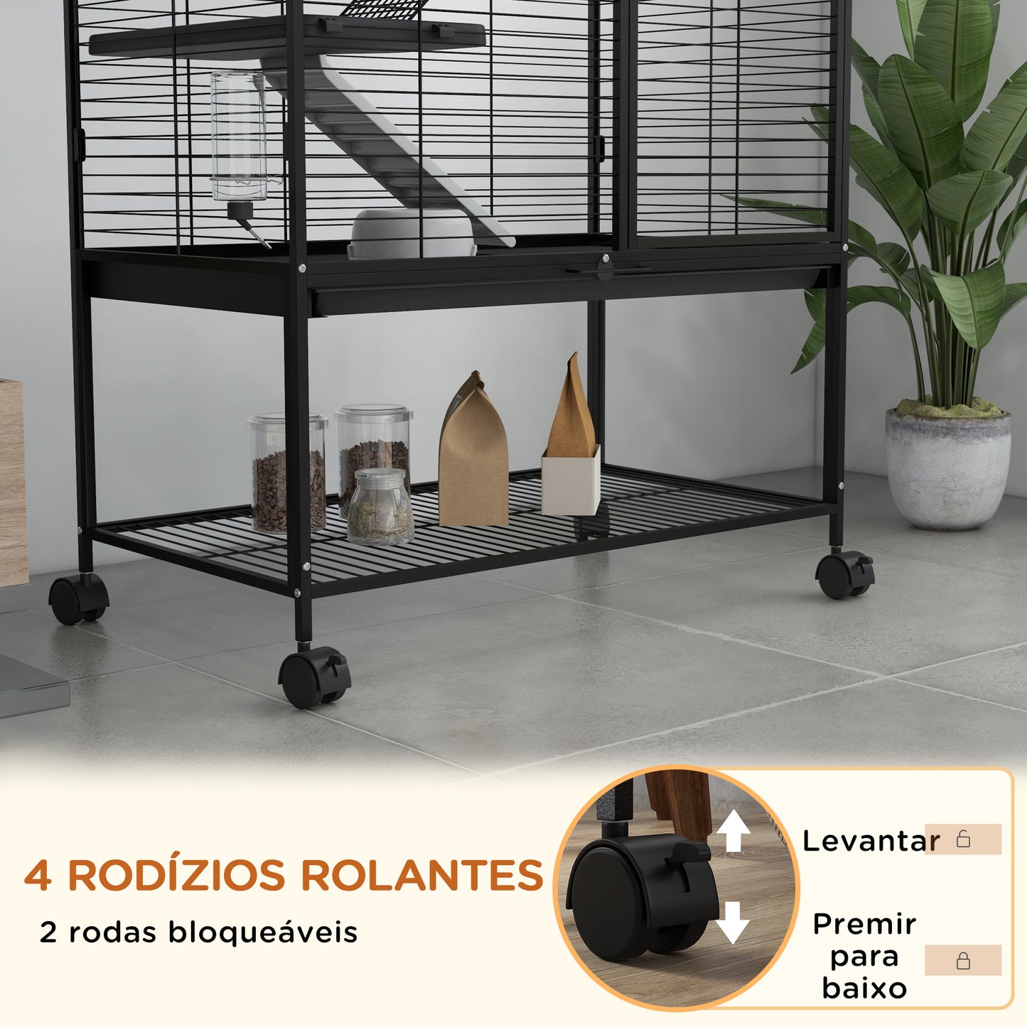 PawHut Gaiola para Animais Pequenos de 4 Níveis Parque para Animais com Rodas Rampa Comedouro Bebedouro e Bandeja Removível para Chinchilas Furões 78x45,5x136 cm Preto