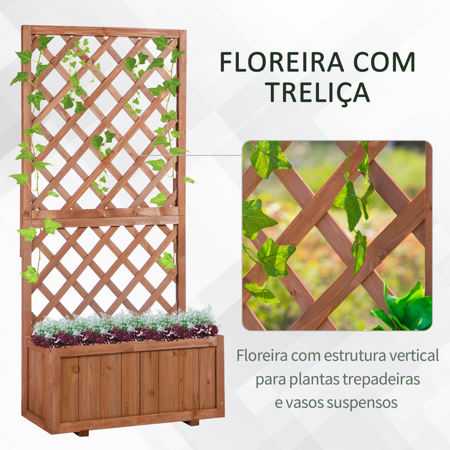 Outsunny Floreira com Treliça de Madeira Maciça Caixa de Plantio com Suporte para Plantas Trepadeiras para Cultivo de Plantas Flores 72,5x31,5x149,5 cm Natural