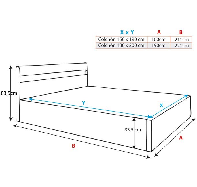 Cama de matrimonio canapé Adal en color negro (180x200cm)