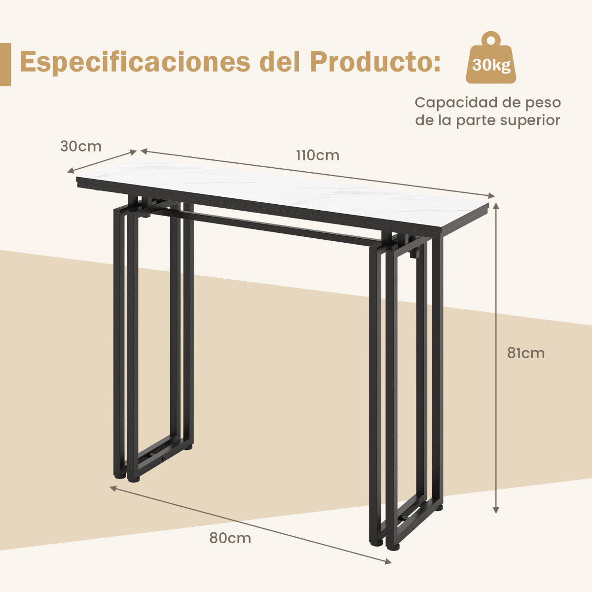 Mesa Consola Moderna "Luxe" com Tampo de Mármore Falso e Estrutura Metálica - 110x30x81 cm (Branco + Preto)