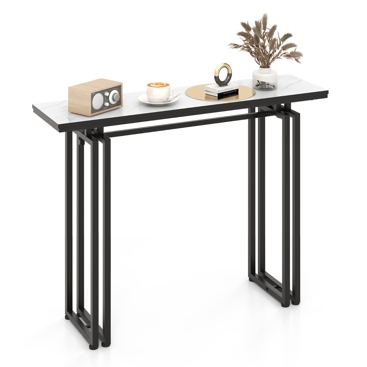 Mesa Consola Moderna "Luxe" com Tampo de Mármore Falso e Estrutura Metálica - 110x30x81 cm (Branco + Preto)