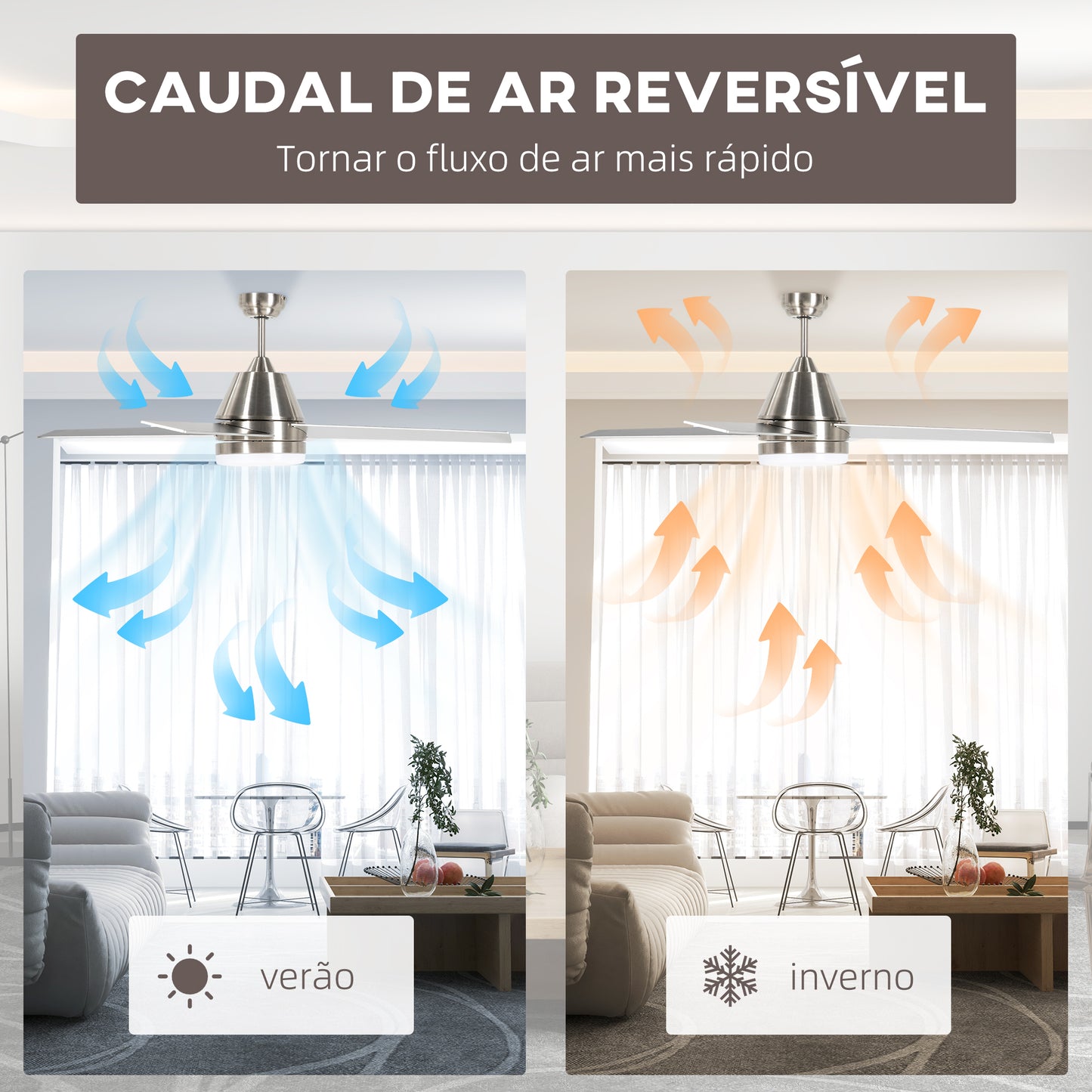 HOMCOM Ventoinha de Teto com Luz 46W Ø129 cm Motor DC Ventoinha de Teto Silencioso com 4 Lâminas Reversíveis Controlo Remoto 6 Velocidades e Temporizador para Quarto Sala Prata