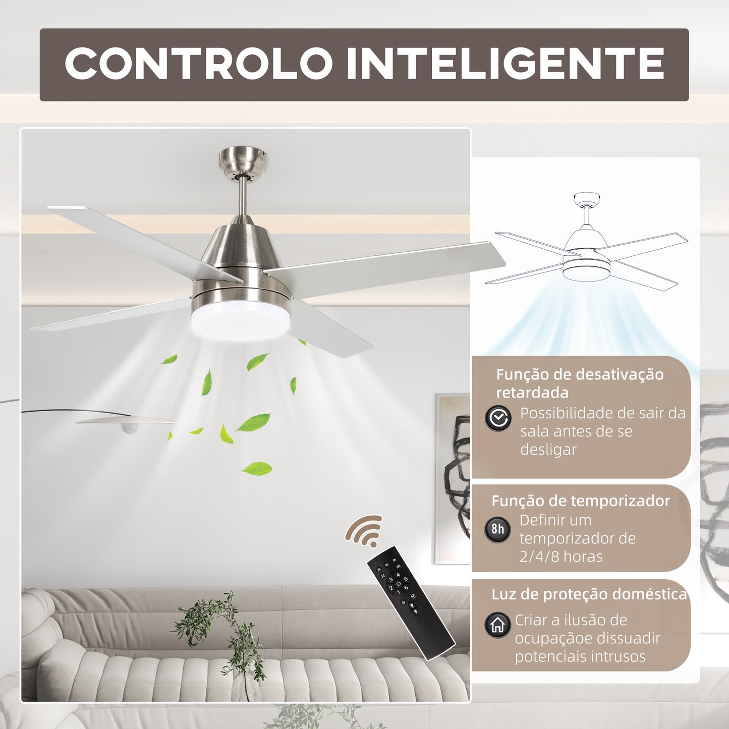 HOMCOM Ventoinha de Teto com Luz 46W Ø129 cm Motor DC Ventoinha de Teto Silencioso com 4 Lâminas Reversíveis Controlo Remoto 6 Velocidades e Temporizador para Quarto Sala Prata