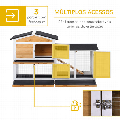 PawHut Coelheira de Madeira Exterior Gaiola para Coelhos de 2 Níveis com Teto Asfáltico 2 Cercados de Metal Bandeja Removível 3 Portas e Rampa 157,4x53x93,5cm Natural