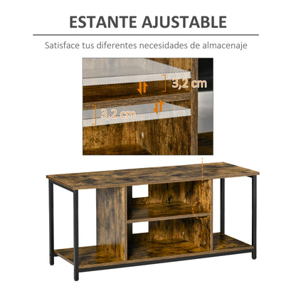 HOMCOM Móvel de TV até 55 Polegadas Móvel de TV Estilo Industrial com 4 Compartimentos Prateleira Ajustável e Orifício para Cabos 110x40x50cm Castanho Rústico