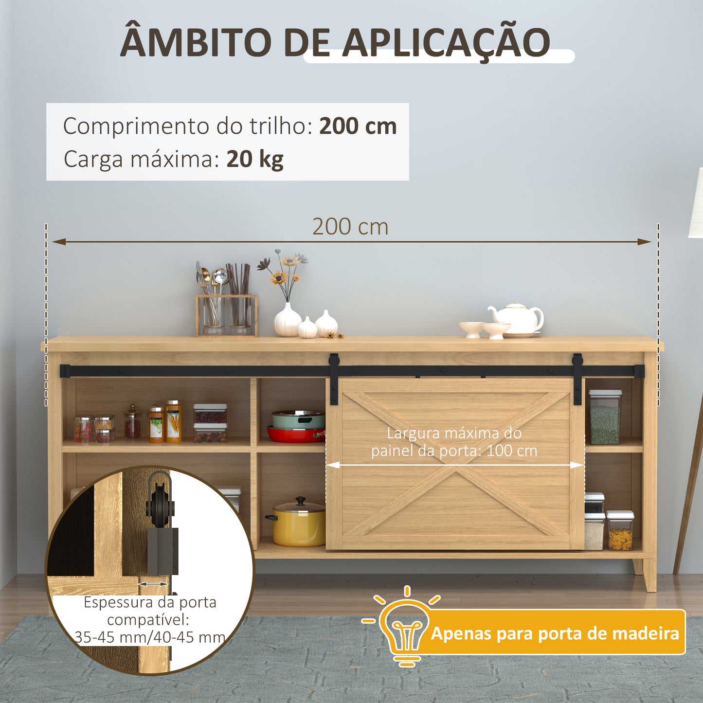 HOMCOM Ferragens para Porta Corredeira 200cm Kit de Acessórios para Porta Corredeira de Madeira com 2 Trilhos de Aço Carga Máxima 40kg Preto