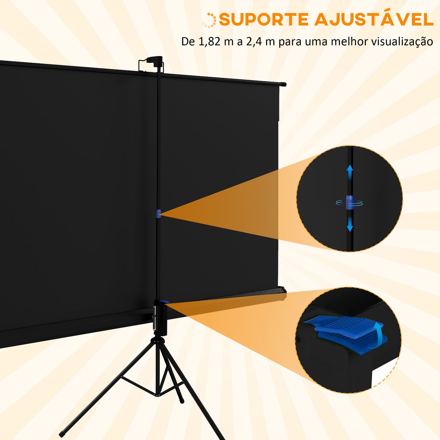 HOMCOM Tela de Projeção Manual com Suporte 84 Polegadas Tela de Projeção Portátil Formato 16:9 com Altura Ajustável para Interior e Exterior Cinema em Casa 200x8x118 cm Branco e Preto