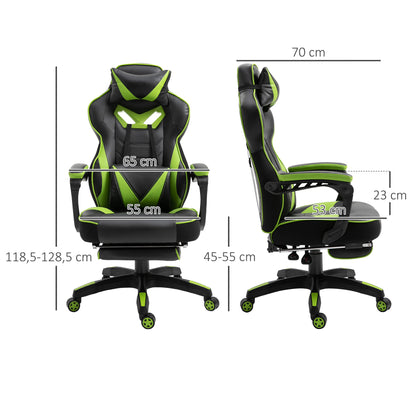 Vinsetto Cadeira de escritorio gaming ergonômica Altura ajustável Reclinável Encosto com apoio para pés Encosto de cabeça Almofada lombar Rodas 65x70x118,5-126,5 cm Verde e Preto