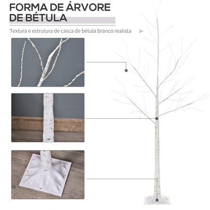 Outsunny Árvore de Bétula 150cm de Altura com 210 Luzes LED em Branco Quente Ramos Flexíveis e Base para Decoração de Festas Aniversários Casamentos 20x20x150cm Branco