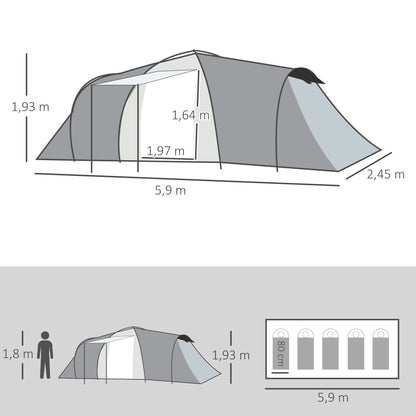 Outsunny Tenda de Campismo Familiar para 4-6 Pessoas Tenda de Campismo Dobrável com 2 Janelas e Bolsa de Transporte Impermeável Anti-UV para Caminhadas 590x245x193 cm Cinza