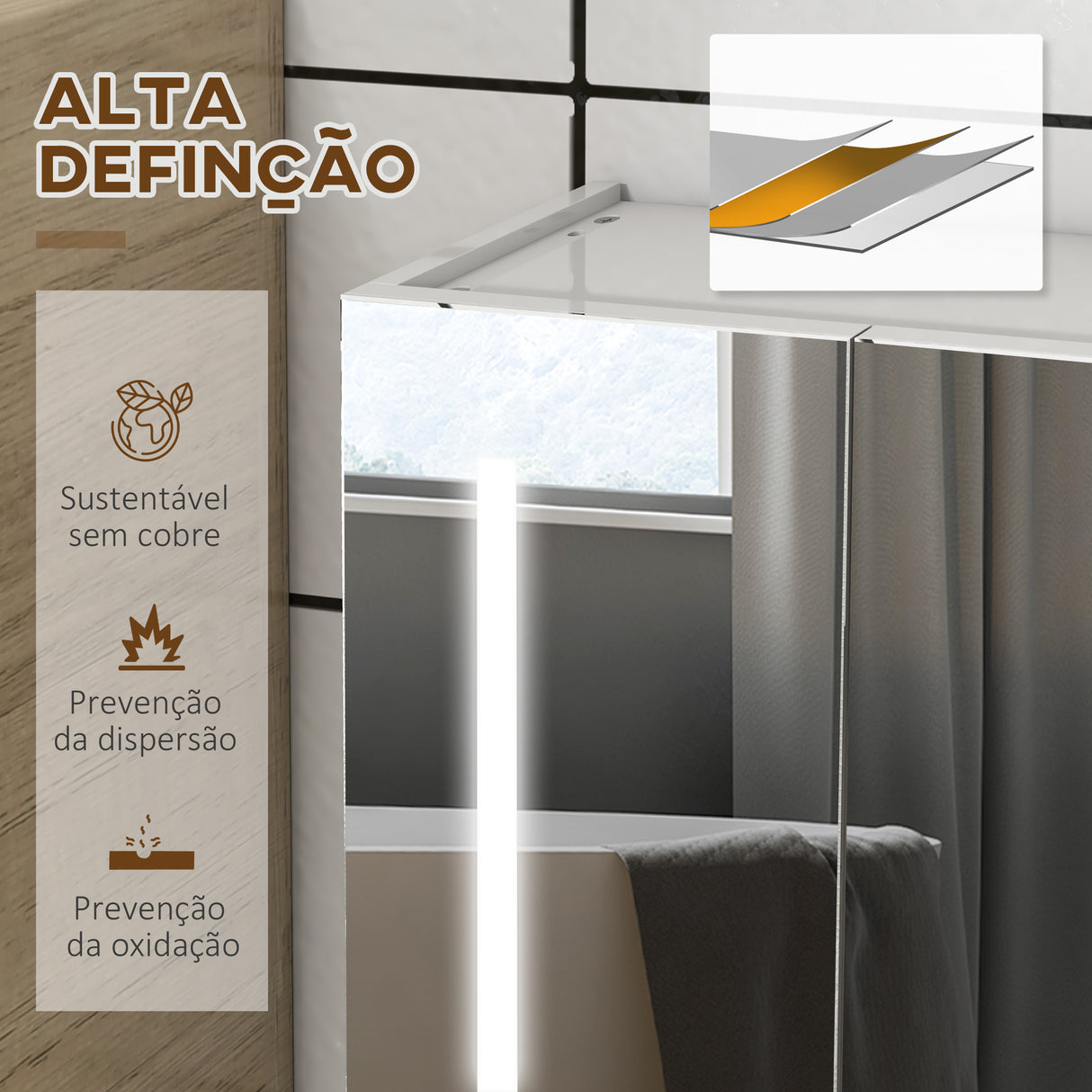 kleankin Armário Casa de Banho com Espelho e Luz LED Móvel Casa de Banho de Parede com 3 Portas Prateleiras Ajustáveis Interruptor Tátil 90x15x70 cm Branco Brilhante