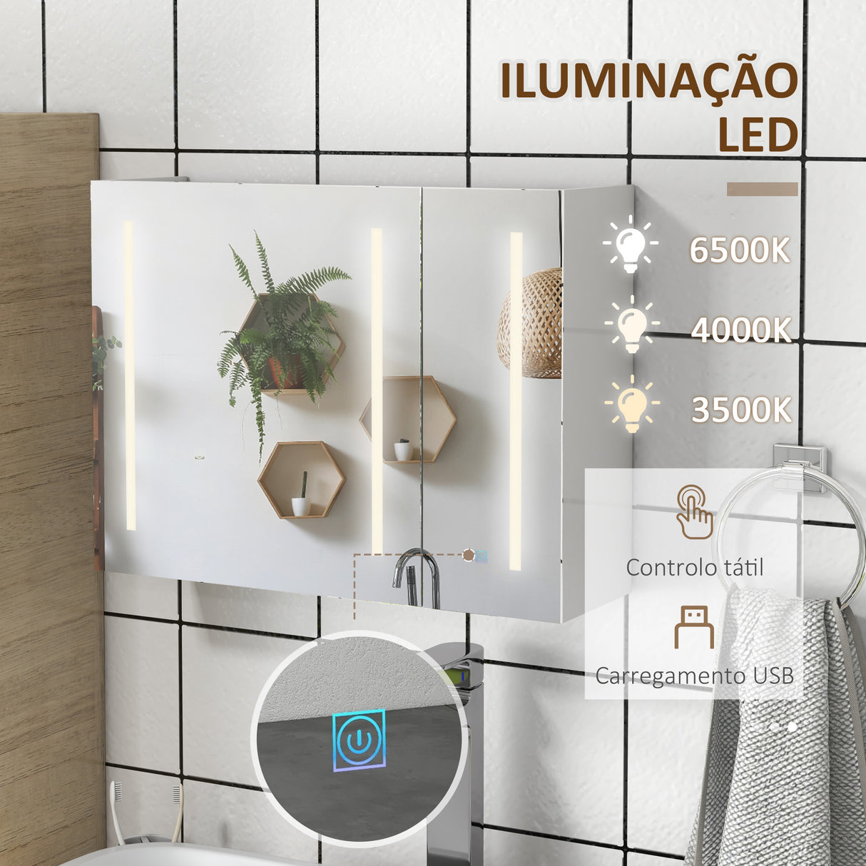 kleankin Armário Casa de Banho com Espelho e Luz LED Móvel Casa de Banho de Parede com 3 Portas Prateleiras Ajustáveis Interruptor Tátil 90x15x70 cm Branco Brilhante