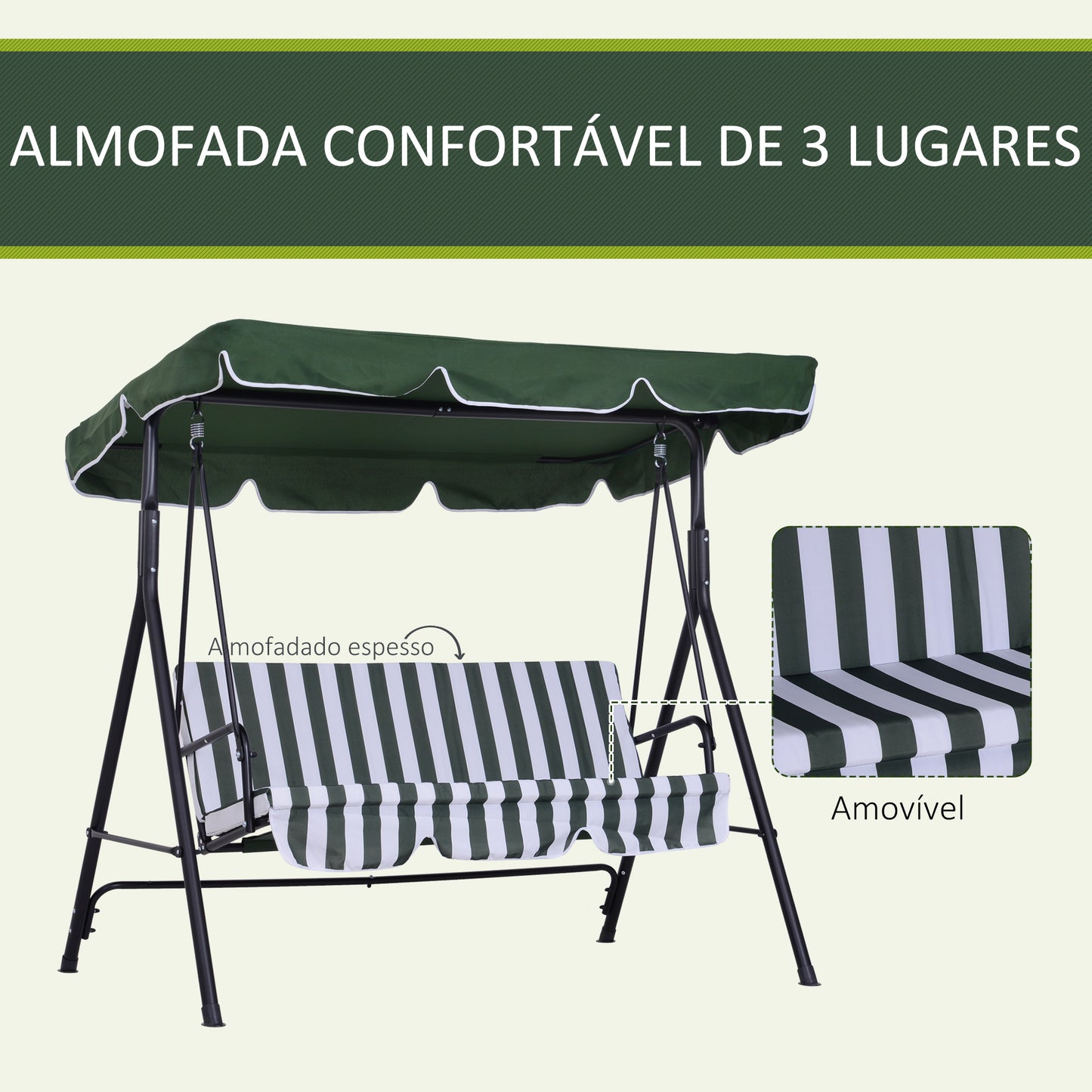 Outsunny Baloiço de Jardim de 3 Lugares com Almofada Toldo Ajustável e Estrutura de Aço para Balcão Terraço Patio Carga Máx. 200 kg 172x110x153 cm Verde