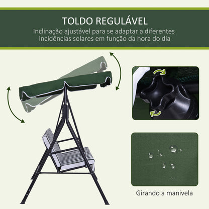 Outsunny Baloiço de Jardim de 3 Lugares com Almofada Toldo Ajustável e Estrutura de Aço para Balcão Terraço Patio Carga Máx. 200 kg 172x110x153 cm Verde