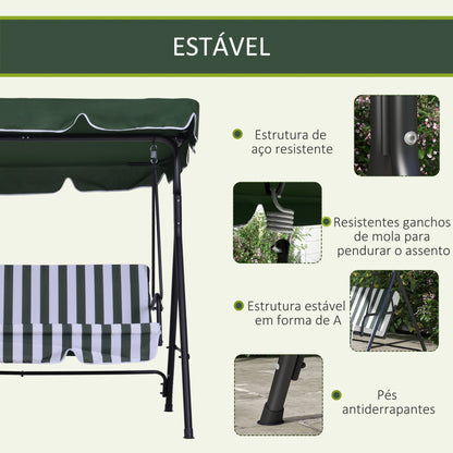 Outsunny Baloiço de Jardim de 3 Lugares com Almofada Toldo Ajustável e Estrutura de Aço para Balcão Terraço Patio Carga Máx. 200 kg 172x110x153 cm Verde