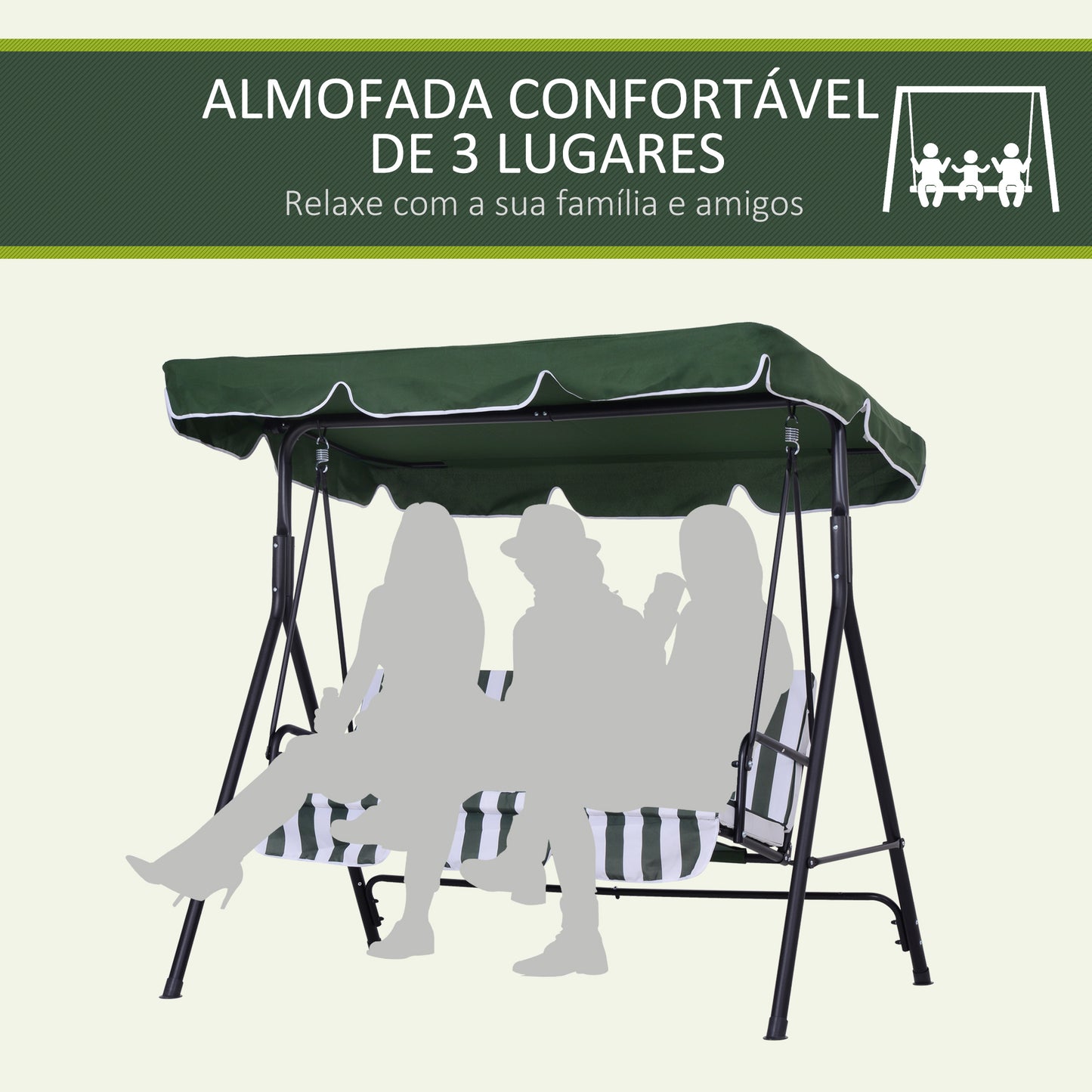 Outsunny Baloiço de Jardim de 3 Lugares com Almofada Toldo Ajustável e Estrutura de Aço para Balcão Terraço Patio Carga Máx. 200 kg 172x110x153 cm Verde