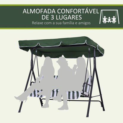 Outsunny Baloiço de Jardim de 3 Lugares com Almofada Toldo Ajustável e Estrutura de Aço para Balcão Terraço Patio Carga Máx. 200 kg 172x110x153 cm Verde