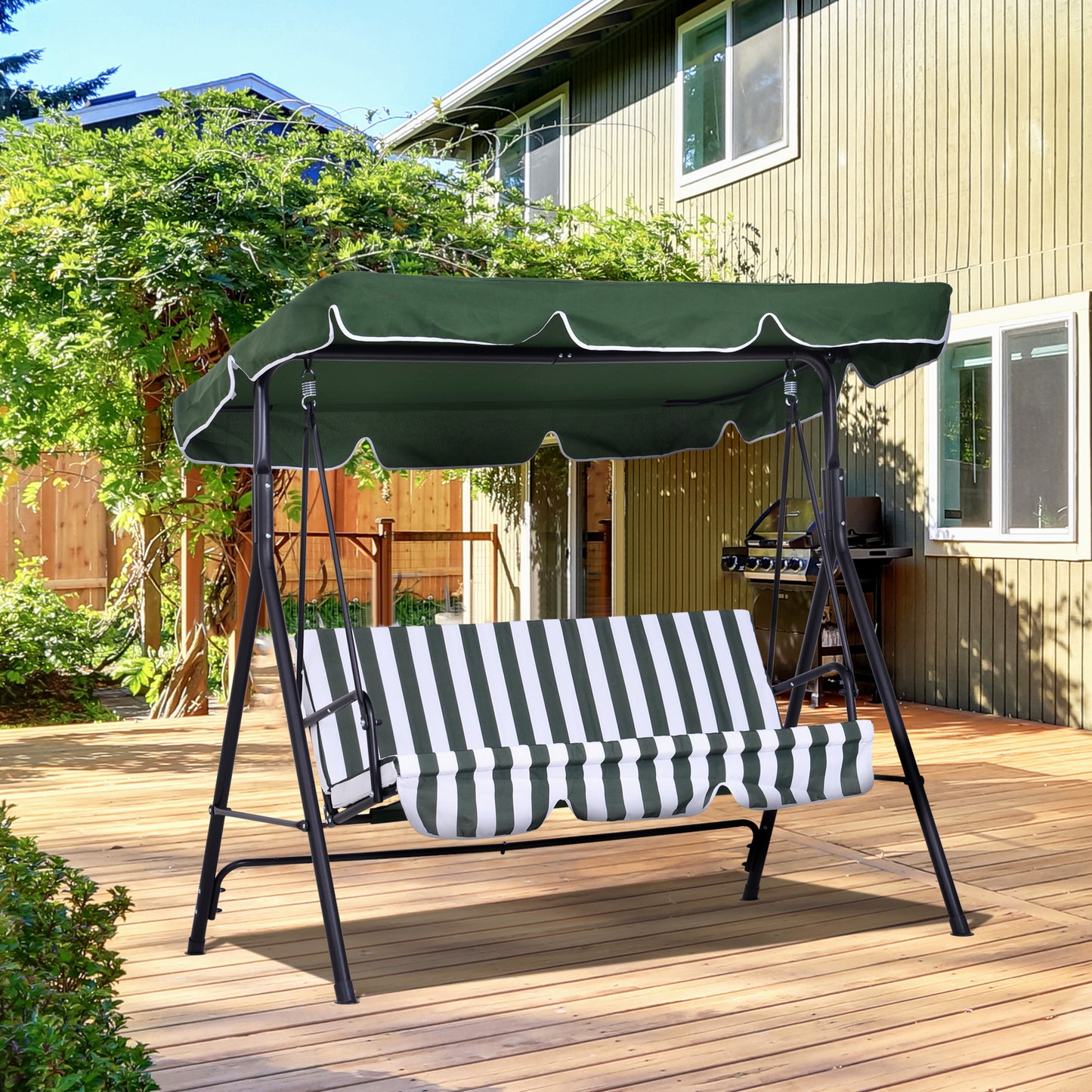 Outsunny Baloiço de Jardim de 3 Lugares com Almofada Toldo Ajustável e Estrutura de Aço para Balcão Terraço Patio Carga Máx. 200 kg 172x110x153 cm Verde