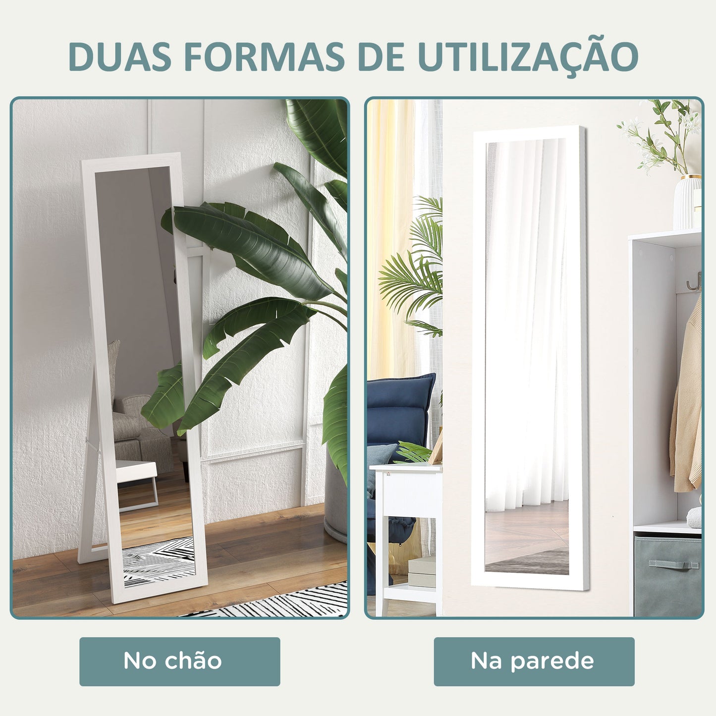 HOMCOM Espelho de Corpo Inteiro 37x155 cm Espelho de Pé Espelho de Parede Retangular com Estrutura de Madeira Decorativo para Sala de Estar Dormitório Corredor Branco