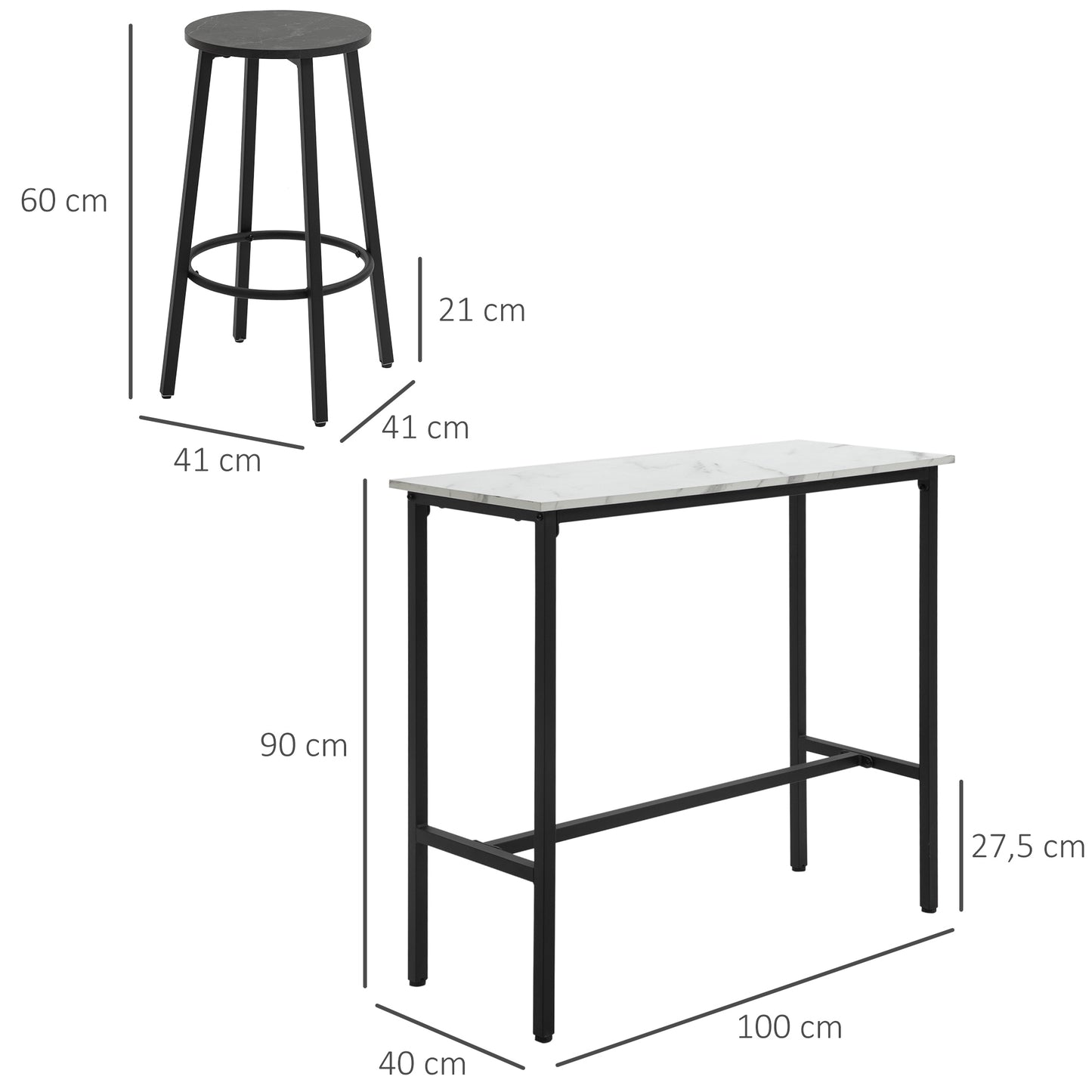 HOMCOM Conjunto de Mesa Alta com 2 Bancos Redondos Conjunto de 3 Peças com Estrutura de Aço Estilo Moderno para Cozinha Sala de Estar Branco e Preto