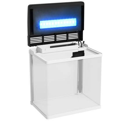 PawHut Aquário de Cristal de 13L Aquário Pequeno com Sistema de Filtração Iluminação LED e Bomba de Água 29x20x30,5 cm Branco