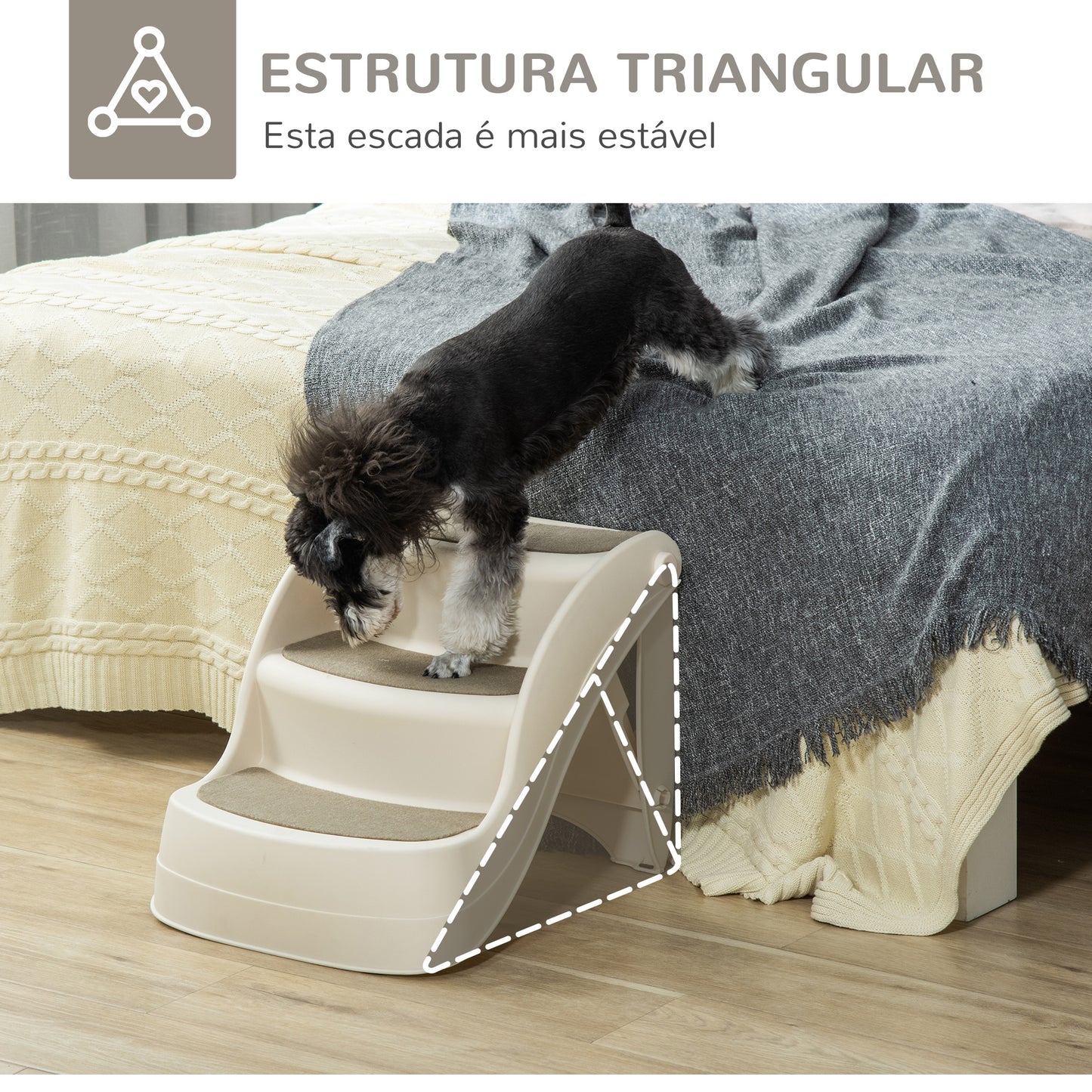 PawHut Escada para Cães de 3 Degraus Dobrável Escada de Plástico para Animais de Estimação com Tapetes Antiderrapantes para Cama Sofá Carga 15kg 49x38x38cm Creme