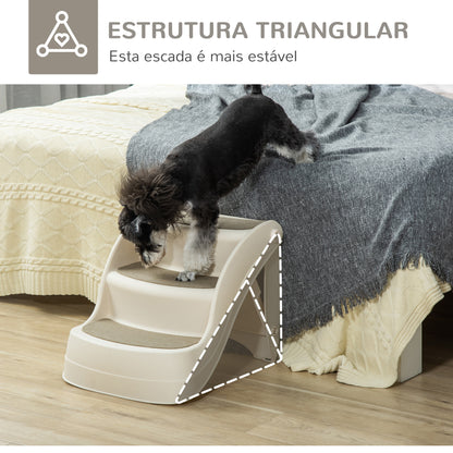 PawHut Escada para Cães de 3 Degraus Dobrável Escada de Plástico para Animais de Estimação com Tapetes Antiderrapantes para Cama Sofá Carga 15kg 49x38x38cm Creme