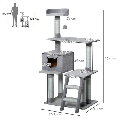 PawHut Árvore Arranhadora para Gatos Torre de Escalada com Plataformas Escada Caverna Postes de Juta e Bola Suspensa 60,5x40x124cm Cinza