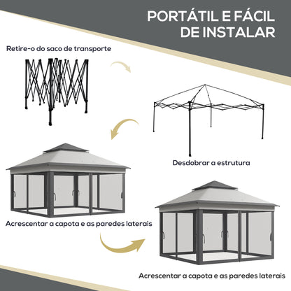 Outsunny Tenda Dobrável 3,26x3,26x2,72 m Tenda de Jardim com Duplo Teto Altura Ajustável 4 Painéis de Malha Proteção UV30+ e Bolsa de Transporte para Festas Campismo Cinza