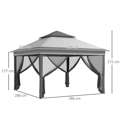 Outsunny Tenda Dobrável 3,26x3,26x2,72 m Tenda de Jardim com Duplo Teto Altura Ajustável 4 Painéis de Malha Proteção UV30+ e Bolsa de Transporte para Festas Campismo Cinza