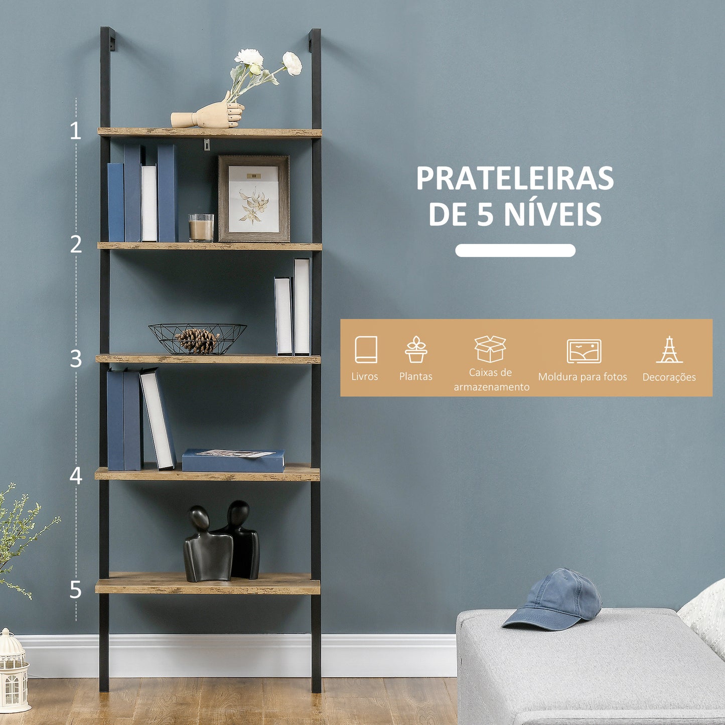 HOMCOM Estante de Escada com 5 Prateleiras Estante de Livros de Parede com Estrutura de Metal para Sala de Estar Escritório Estilo Industrial Carga máxima 25kg 60x30x184,5cm Marrom