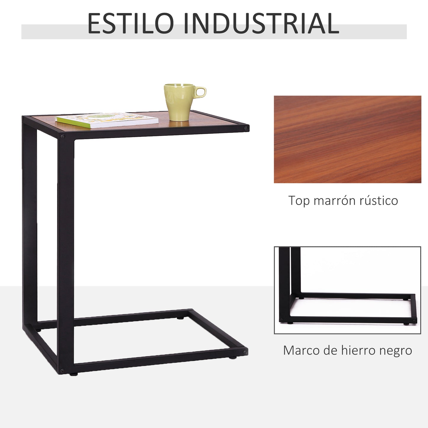 HOMCOM Mesa lateral para sofá Mesa lateral em forma de C Estrutura metálica e tampo da mesa de madeira de MDF 40,6x50,8x64,2 cm Cor de noz