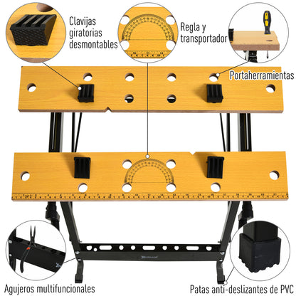 DURHAND Bancada de Trabalho Dobrável e Portátil Mesa de Trabalho de Carpinteiro com Braçadeiras Ajustáveis e Estrutura de Aço Capacidade de 100kg