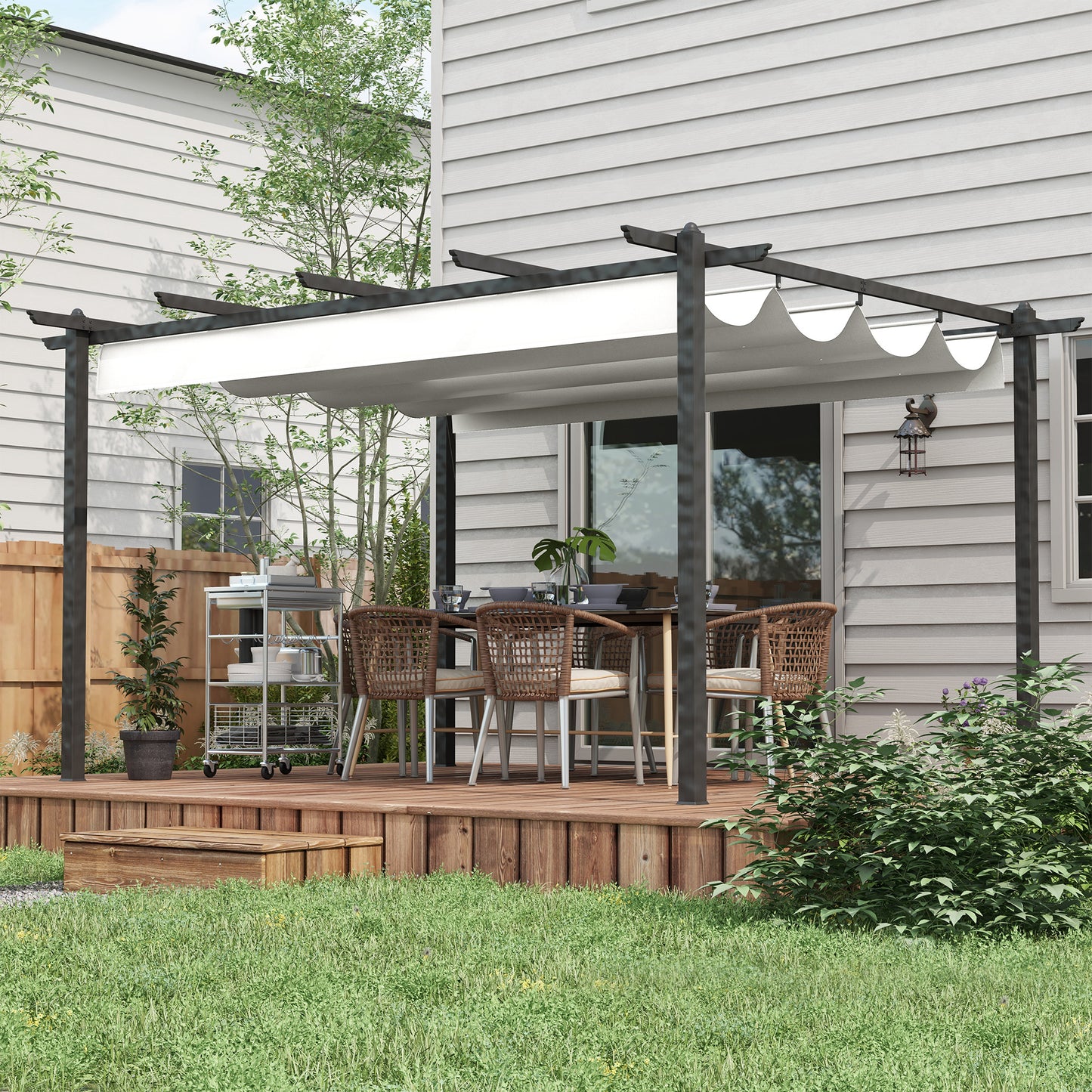 Outsunny Conjunto de Pérgola inclui 1 Pérgola de Jardim 4x3 m com Teto Retrátil e 1 Cobertura de Pérgola para Pátio Externo Creme e Cinza