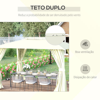 Outsunny Pérgola de Jardim 4x3 Pérgola de Exterior com Teto Duplo 4 Cortinas Laterais 4 Telas Mosquiteiras com Zíper e Estrutura de Aço para Festas Eventos Bege