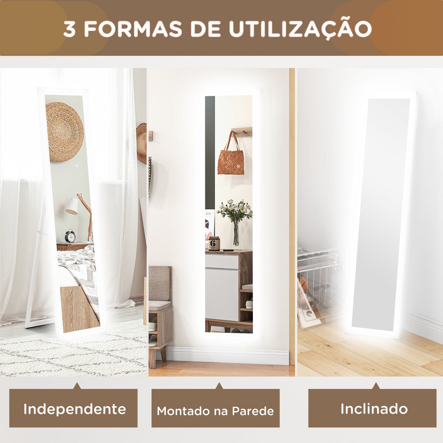 HOMCOM Espelho de Pé com Luz LED 40x160 cm Espelho de Corpo Inteiro com Iluminação de 3 Cores Tátil Função de Memória e Suporte para Sala de Estar Dormitório Branco