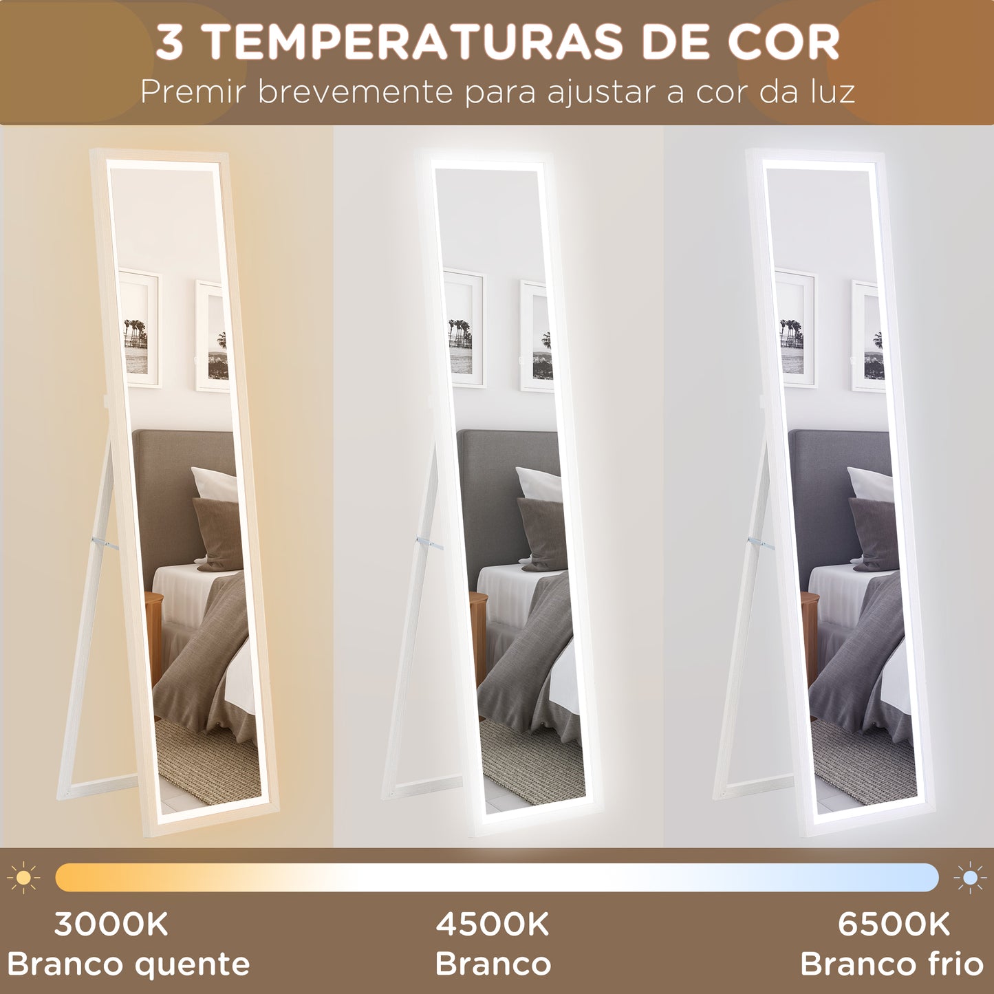 HOMCOM Espelho de Pé com Luz LED 40x160 cm Espelho de Corpo Inteiro com Iluminação de 3 Cores Tátil Função de Memória e Suporte para Sala de Estar Dormitório Branco