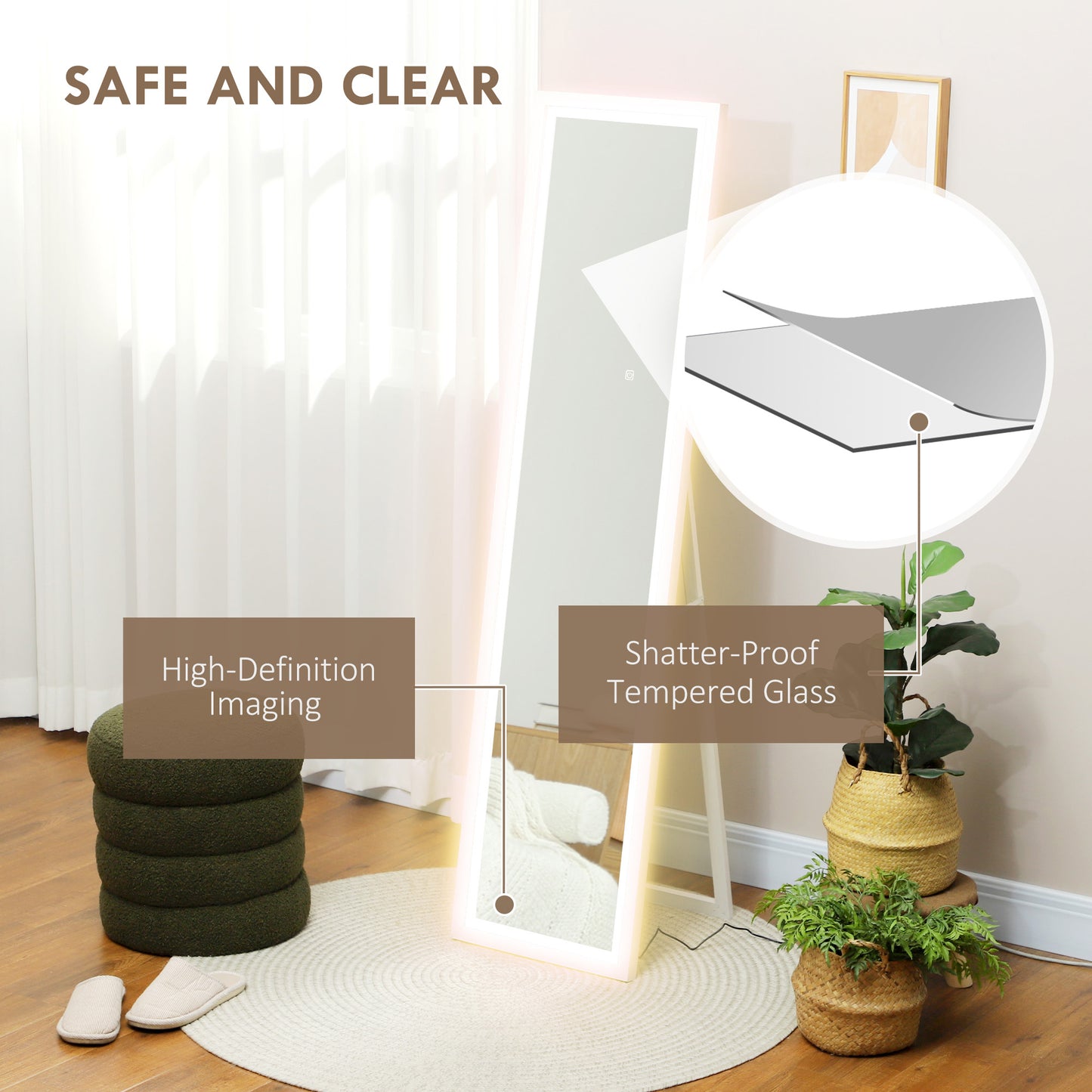 HOMCOM Espelho de Pé com Luz LED 40x160 cm Espelho de Corpo Inteiro com Iluminação de 3 Cores Tátil Função de Memória e Suporte para Sala de Estar Dormitório Branco